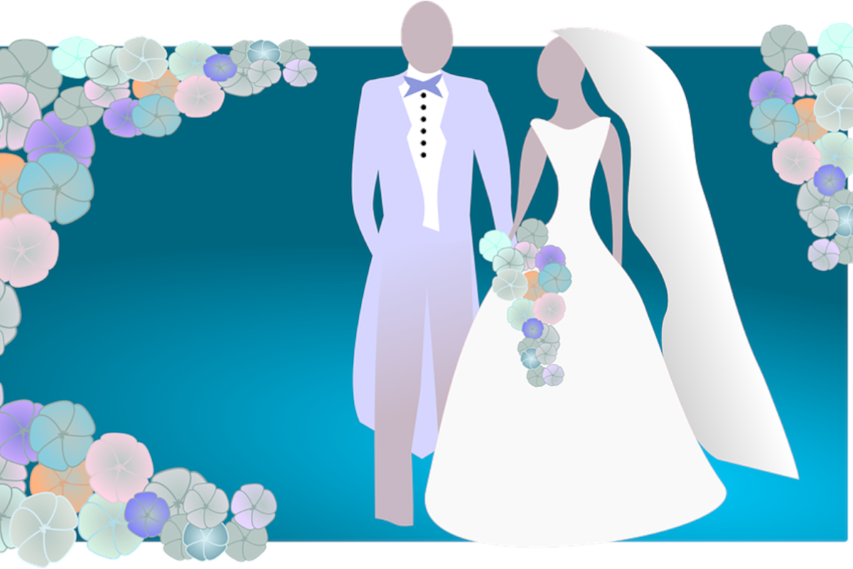 Illustration: Bride and Groom Holding Hands; cover image for Mr. & Mrs.